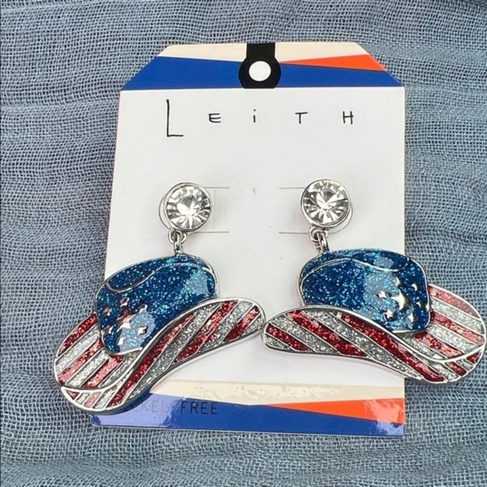 Leith Red White Blue Patriotic Americana Glitter Cowboy Hat Drop Earrings::NWT::